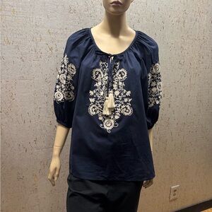 Karen Kane Navy Peasant Blouse with White Embroidery
